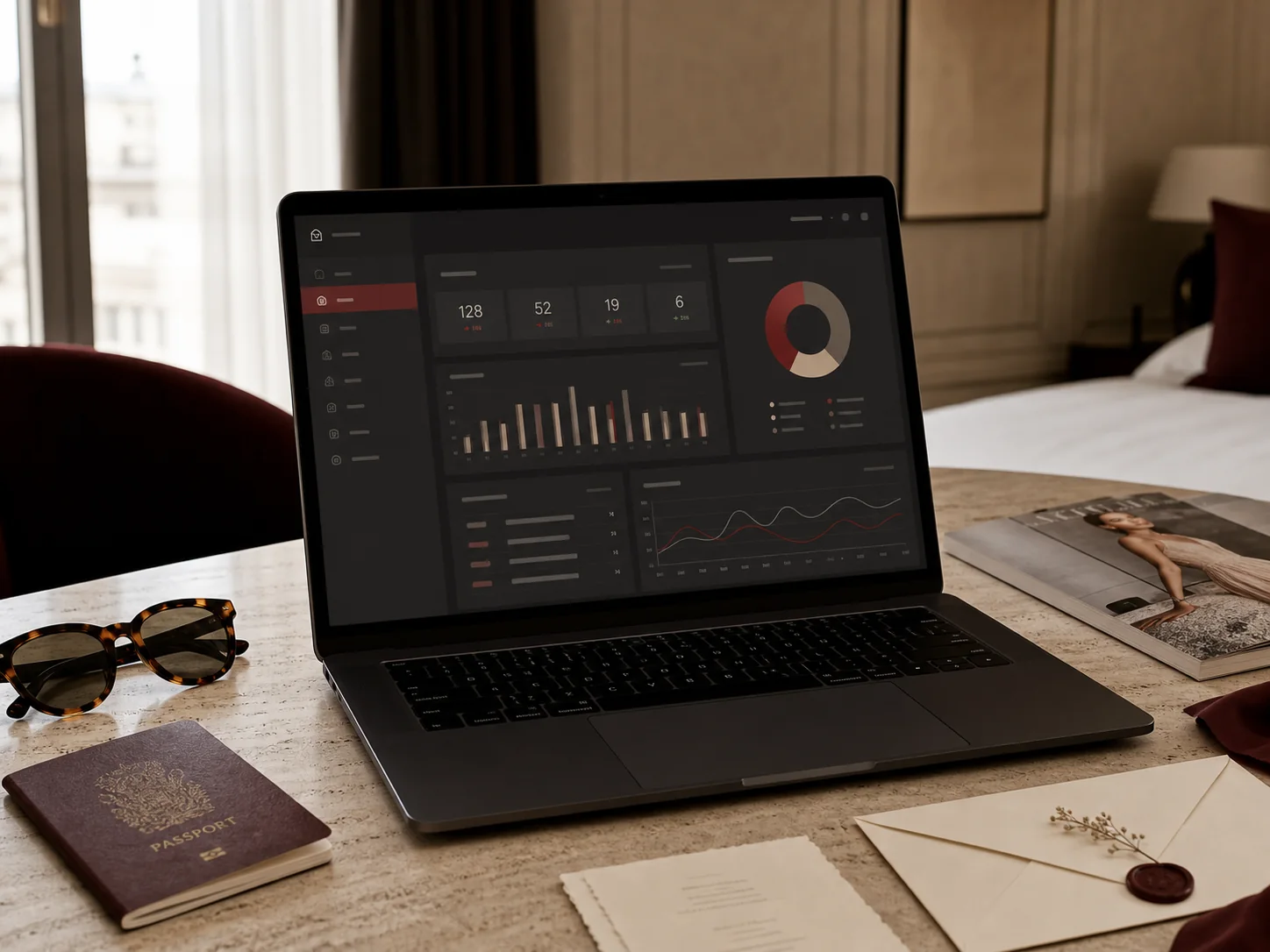 The Wedded Wonderland partner dashboard open on a laptop beside travel and wedding stationery