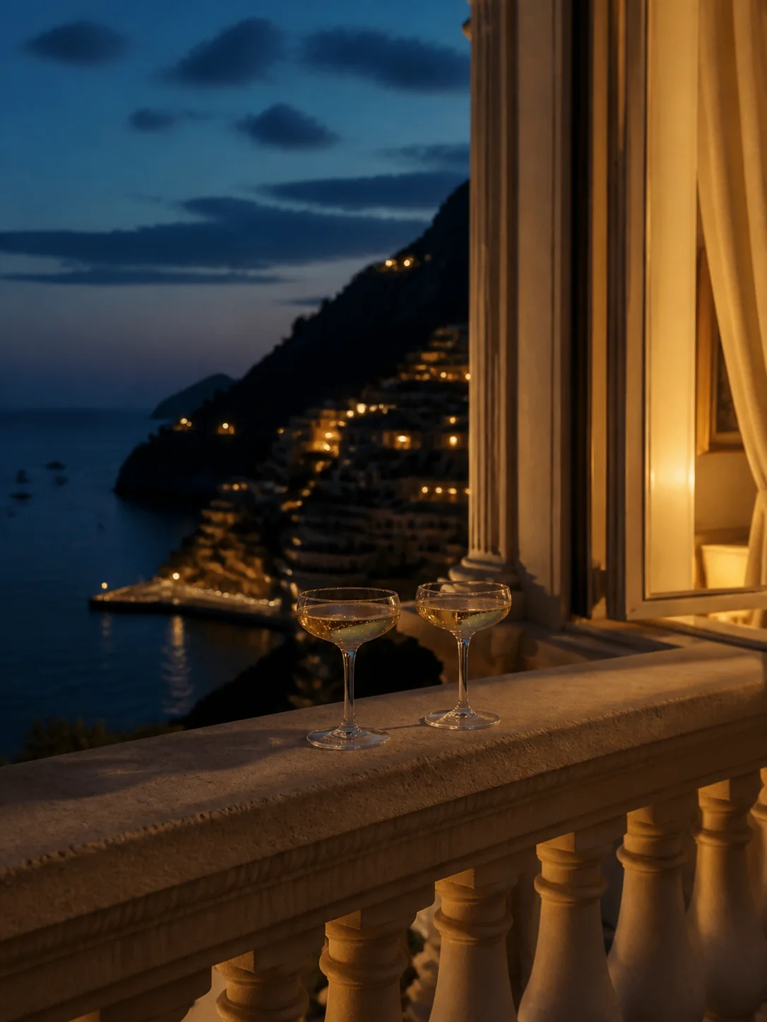 Champagne glasses on a Mediterranean hotel balcony at dusk
