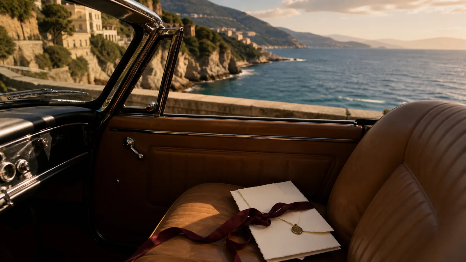 A wedding invitation on the seat of a vintage car beside the Mediterranean coast