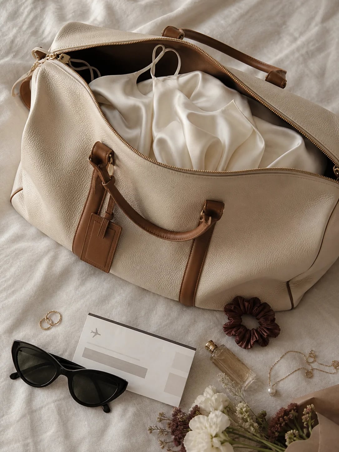 A packed weekender bag with a silk dress and wedding travel details