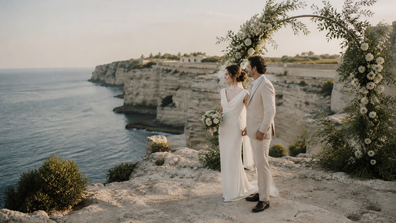 A couple at their cliffside wedding ceremony in Puglia